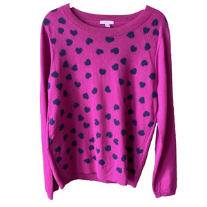 Garnet Hill Sweater Womens Size XL Wool Crewneck Pink & Navy Blue Hearts Popover